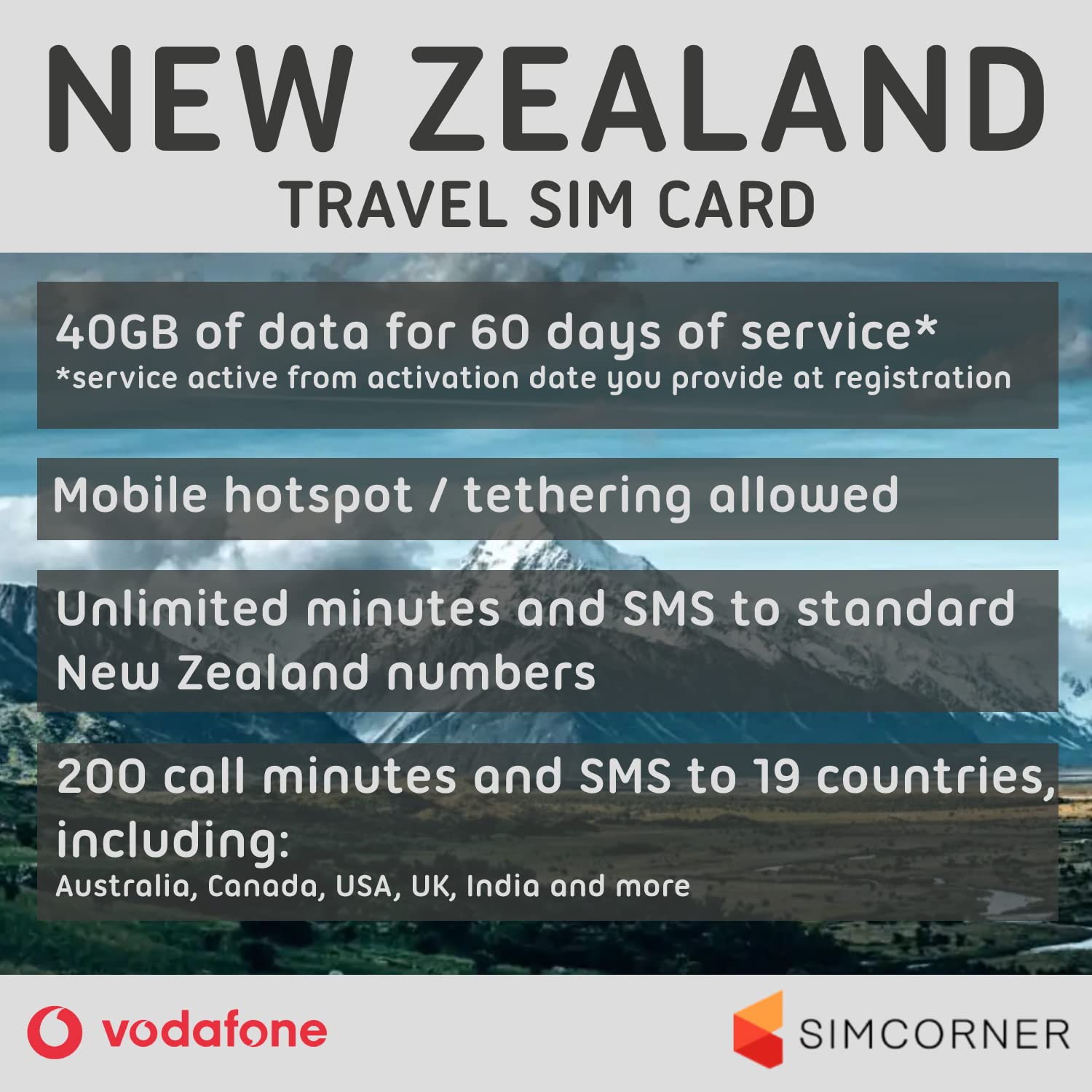 New Zealand Travel Sim Card (40 GB, 60 Days) - OneNZ Data Sim Card w/Unlimited Minutes to NZ Landlines/Numbers - Tethering/Hotspot Card- 3-in-1 Standard, Micro, & Nano Sim Card for Unlocked Phones