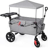 EVER ADVANCED Foldable Wagons for Two Kids &amp; Cargo, Collapsible Folding Stroller with Adjustable Handle Bar,Removable Canopy with 5-Point Harness Gray