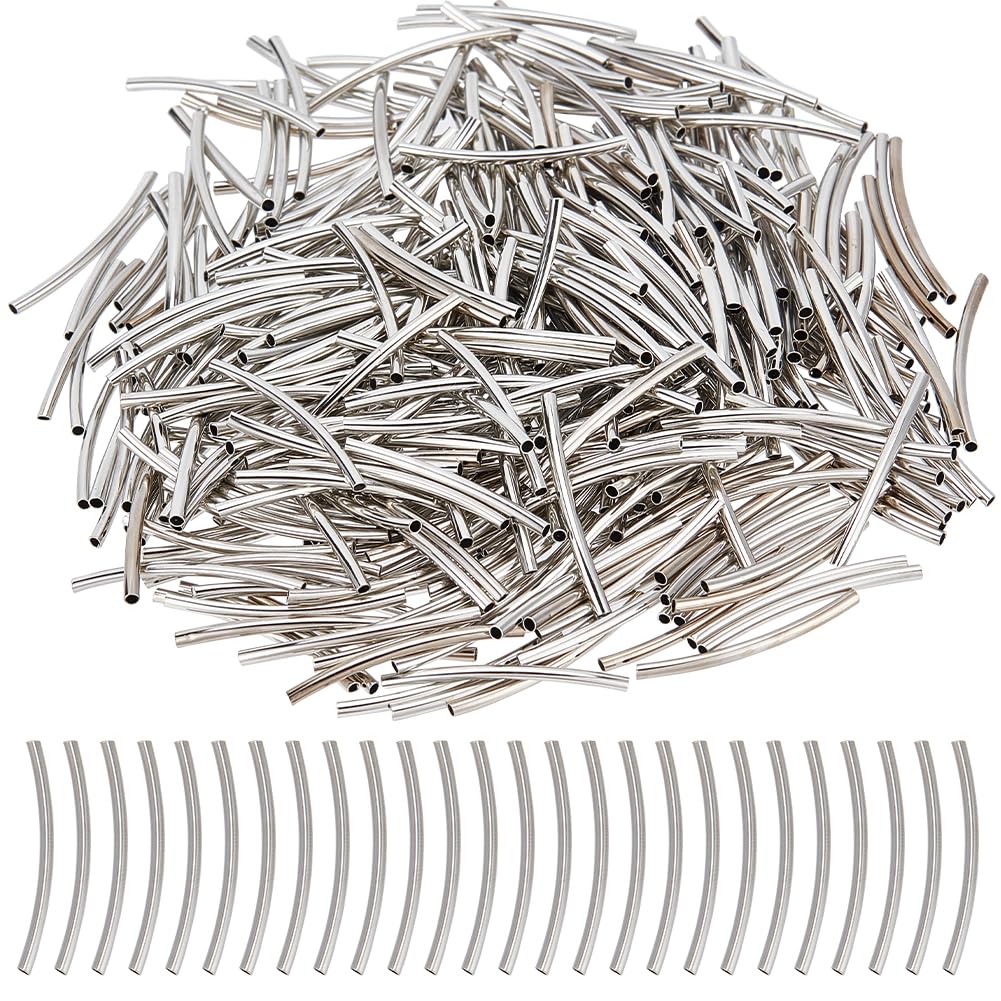 SUNNYCLUE 1 BOX 400PCS 3cm Silver Long Tube Spacer Beads Curved Beads Metal Brass Noodle Tube Hanger Links Spacers Loose Bead Bulk for jewellery Making Charms Diy Earring Necklace Bracelet Crafts