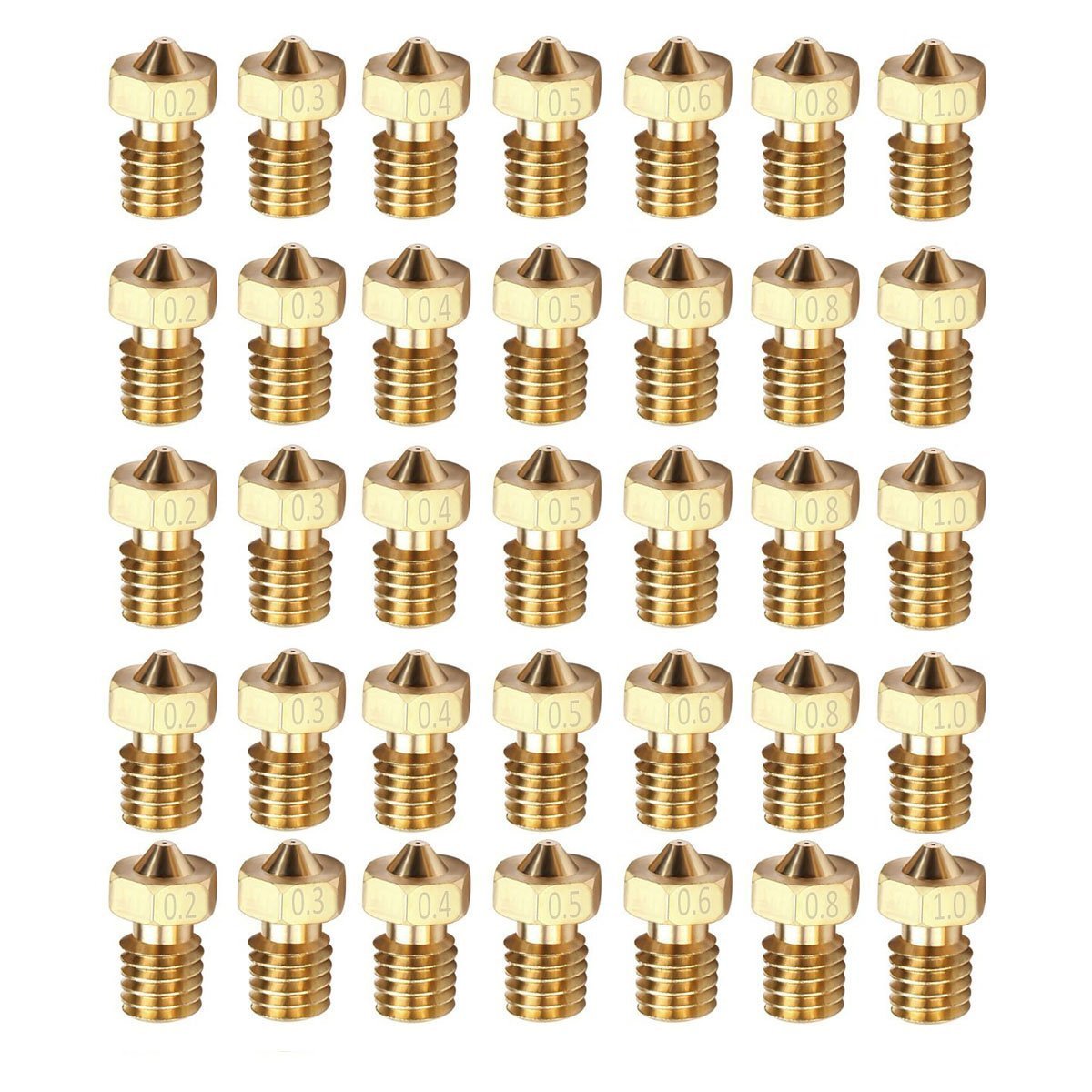 DollaTek 35PCS M6 1.75mm 3D Printer 0.2mm 0.3mm 0.4mm 0.5mm 0.6mm 0.8mm 1.0mm Extruder Brass Nozzle Print Head 5pcs/each size)