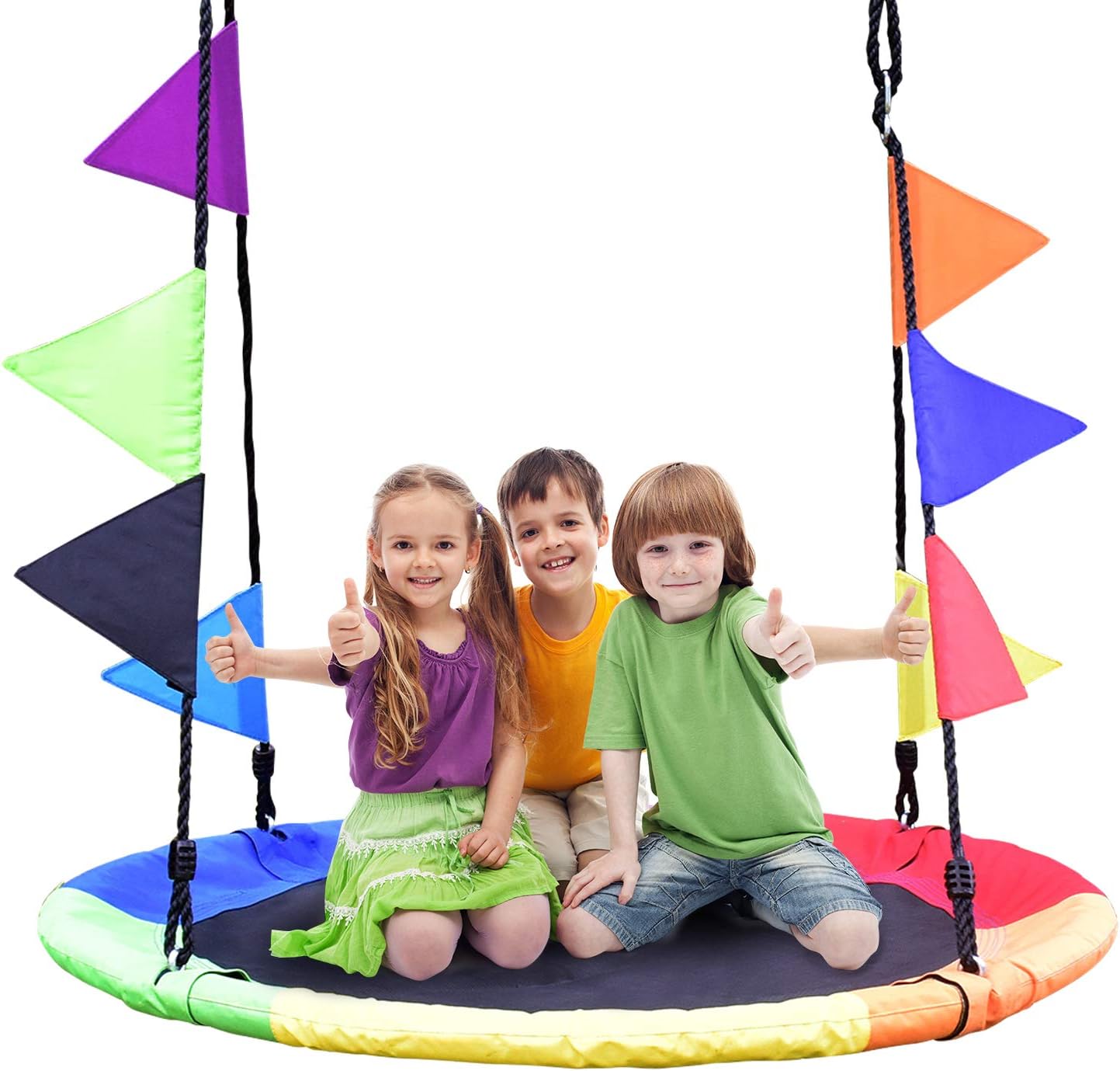 NSdirect 40'' Tree Swing ,700lb Flying Saucer Swing with Steel Frame and Large Round Swing Set Easy Install with 2 Hanging Straps and Coloured Flags.