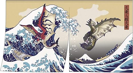 Amazon Mh リオレウス リオレイア 富嶽 浮世絵のれん 約h500 W900 D1mm アニメ 萌えグッズ 通販