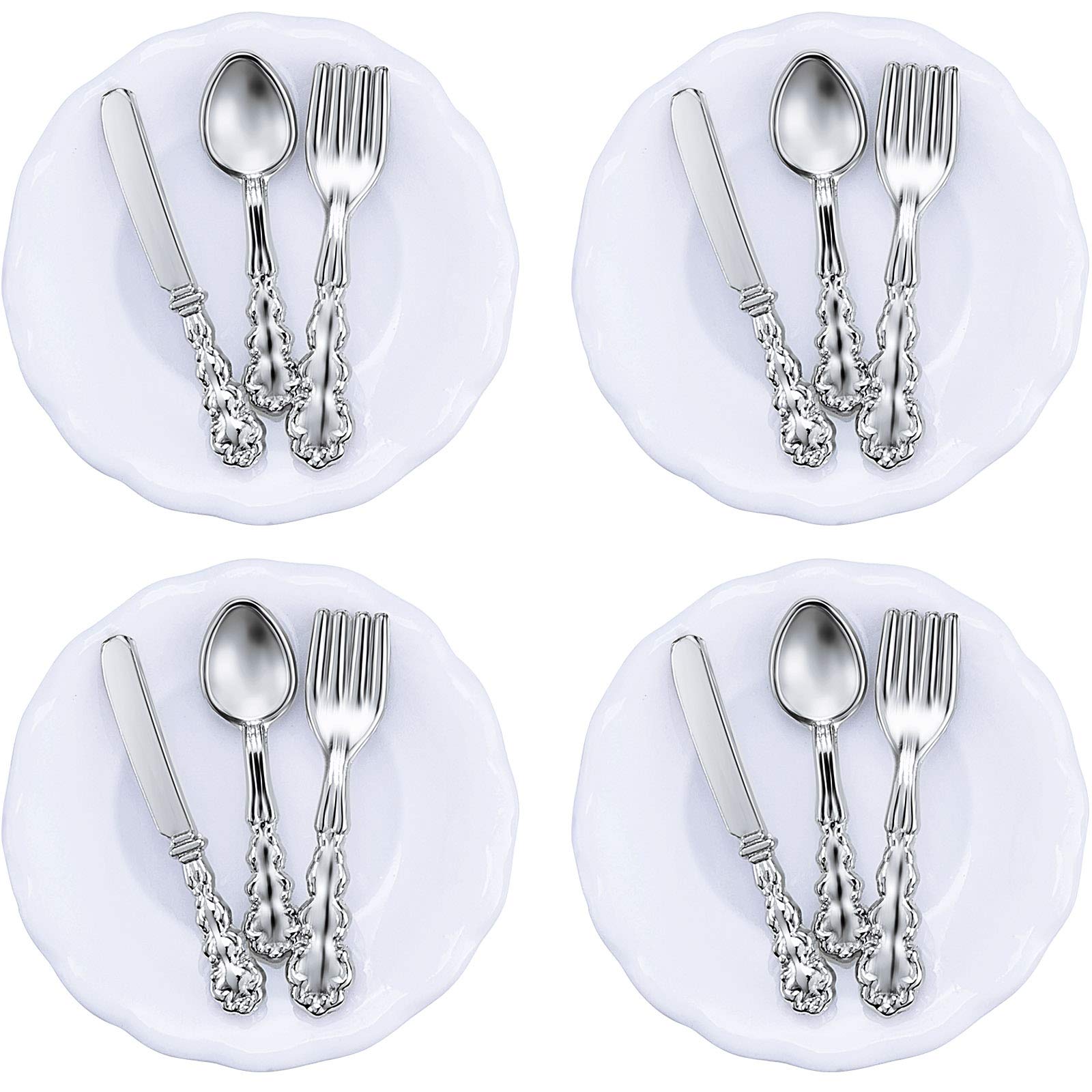 Photo 1 of Skylety 4 Pieces 1:12 Scale Miniature Dollhouse Plates and 12 Pieces Spoons Knives Forks Metal Tableware Kitchen Accessories Miniatures Porcelain Plate Set Dollhouse Decoration