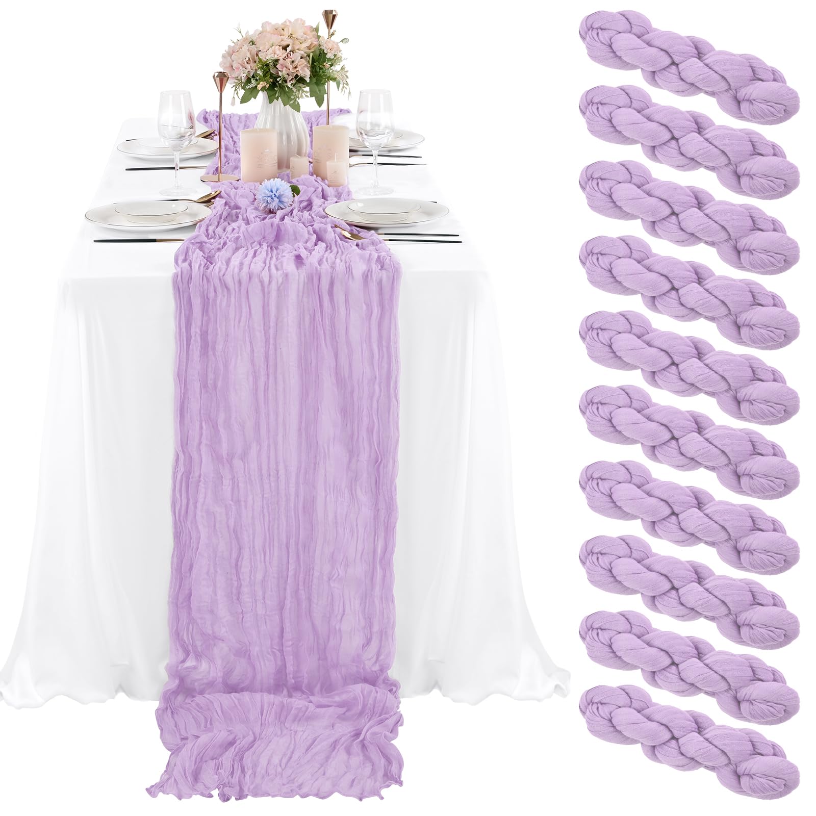 Photo 1 of 10 Pcs Lilac Cheesecloth Table Runner 10FT, Gauze Table Runner for Wedding Reception Sheer Bridal Shower Birthday Party Boho Table Decoration, Rustic Romantic Wedding Runner