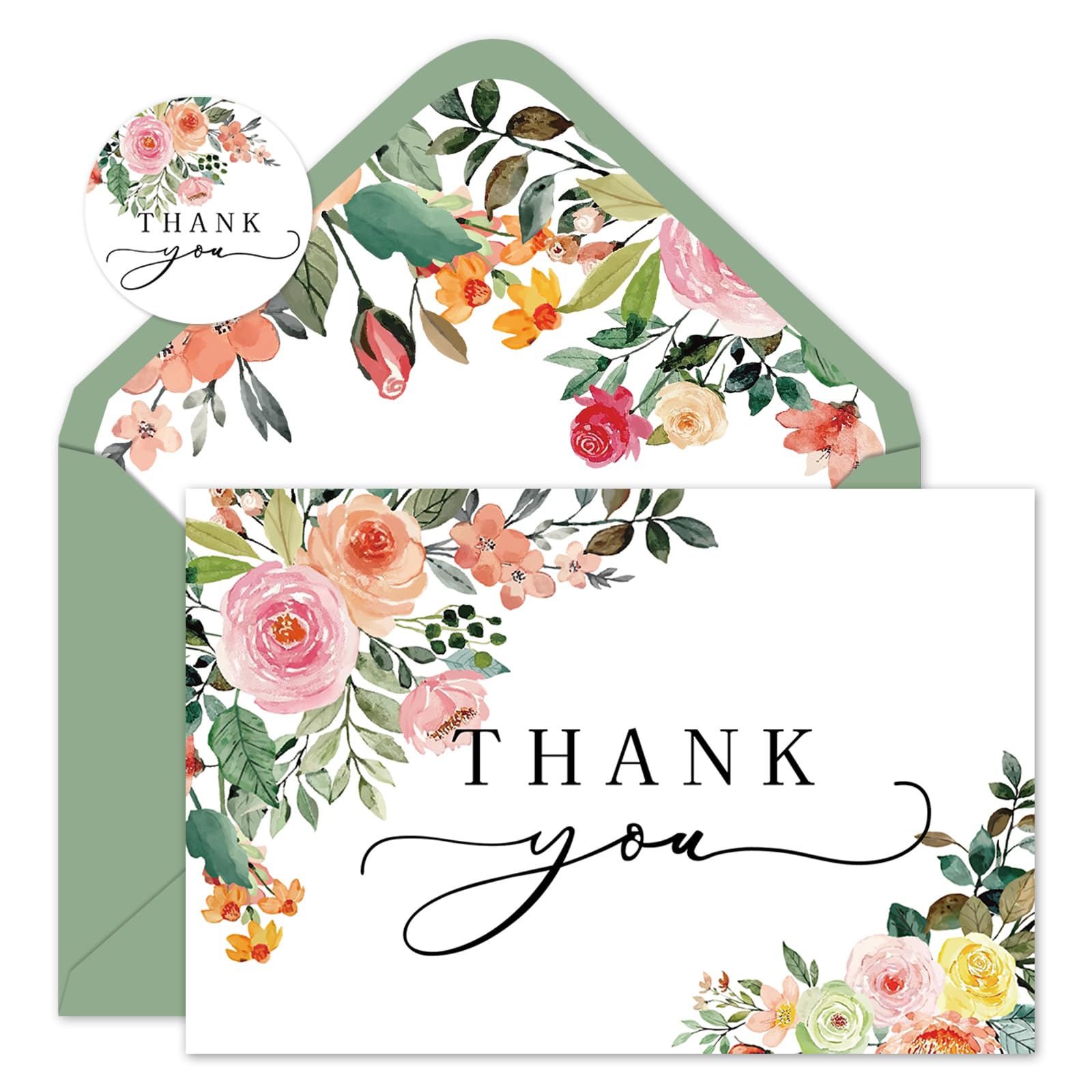 Photo 1 of Whaline 50 Pack Floral Thank You Cards Boxed Watercolor Flower with Green Leaves Blank Note Cards with Envelopes Stickers Greeting Card for Spring Wedding Birthday