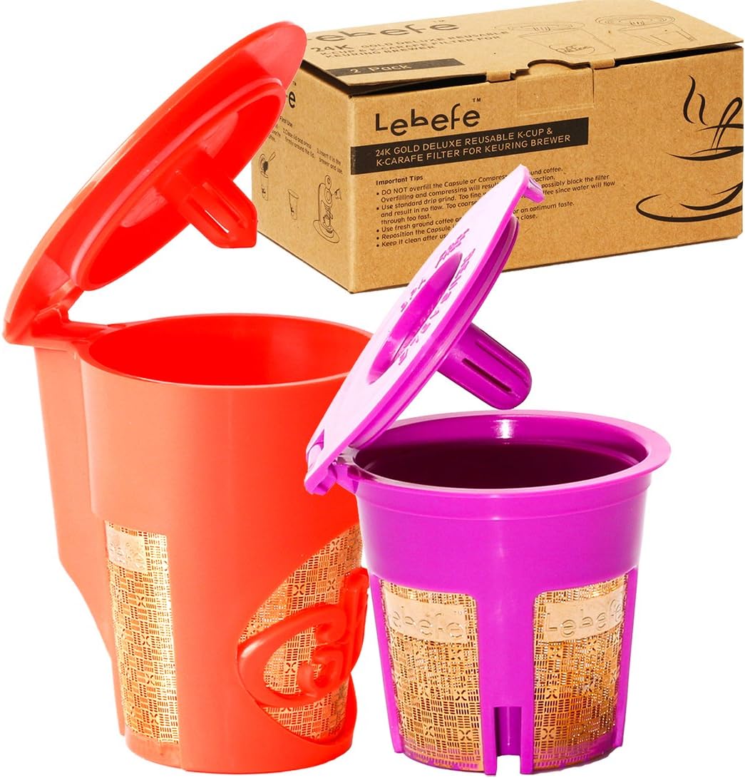 Lebefe 24K Gold Deluxe Reusable K-Cup Filter K-Carafe Filter for Keurig 1.0 and Keuring 2.0 K-Cup K-Carafe Replacement Pod Compatible With Keuring 2.0