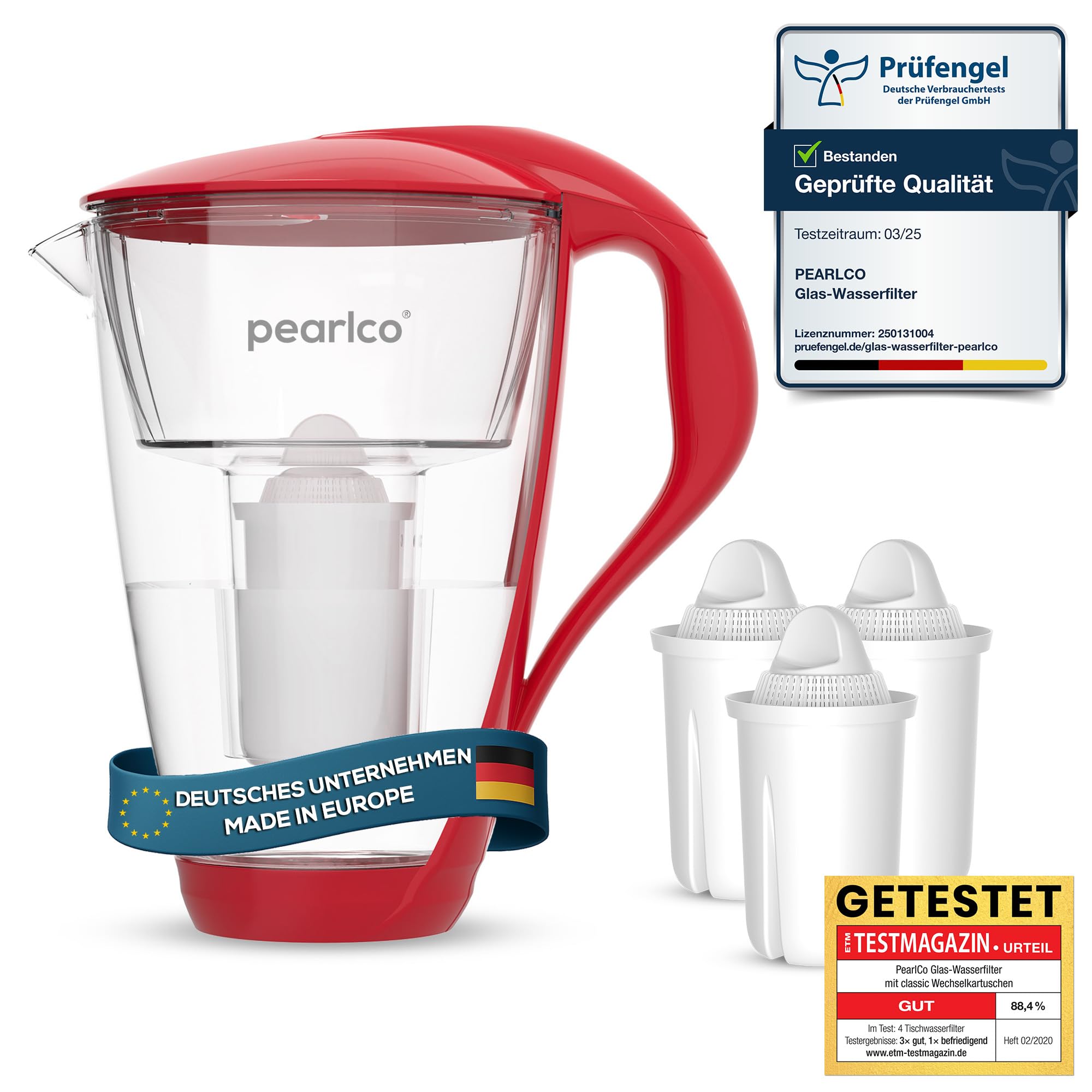 PearlCo Glass Water Universal classic Filter (red) incl. 3 Universal classic Filter Cartridges (compatible with Brita® Classic)
