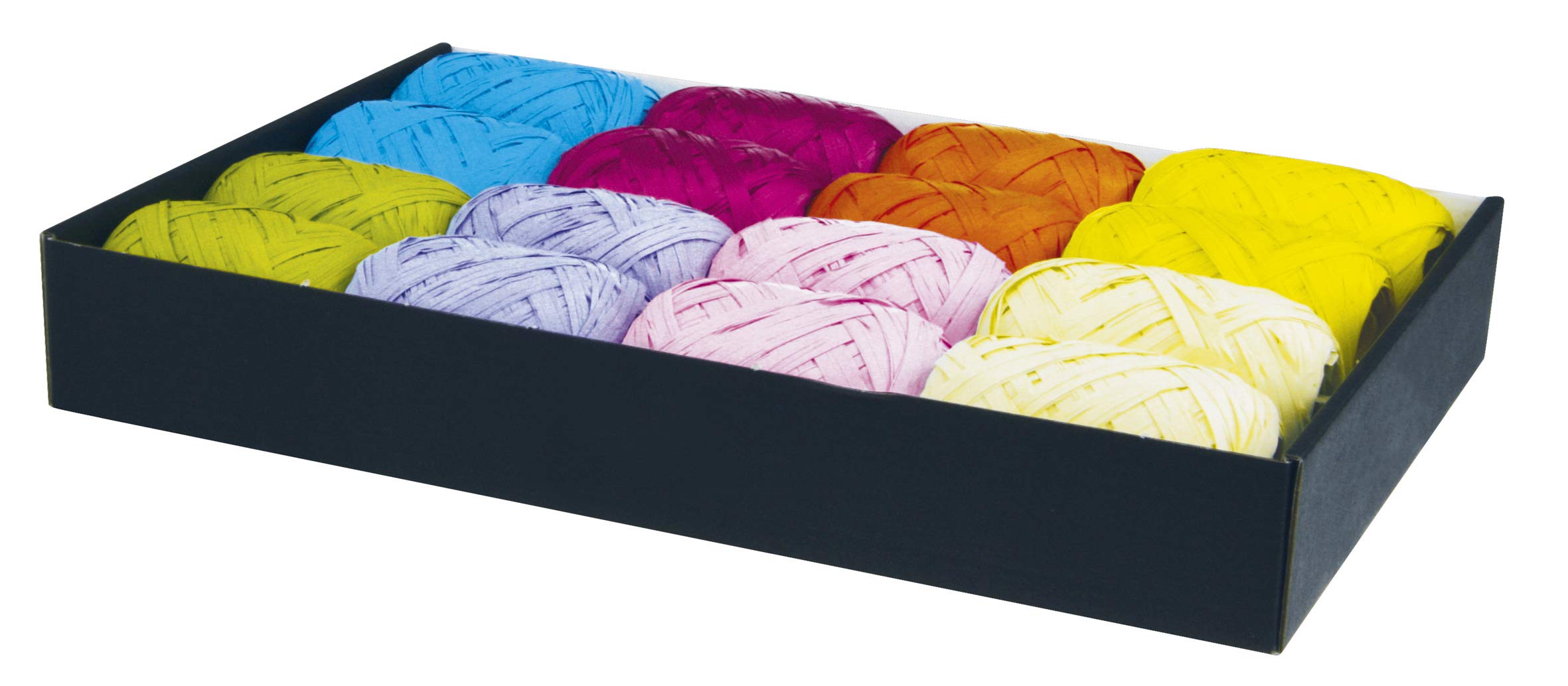 Clairefontaine 611401C -Tray Of 16 Synthetic Raphias - Gift Wrapping Ribbon - Assorted Colours: Ivory, Yellow, Orange, Pink, Blue, Green - Dimensions: 20mx13mm