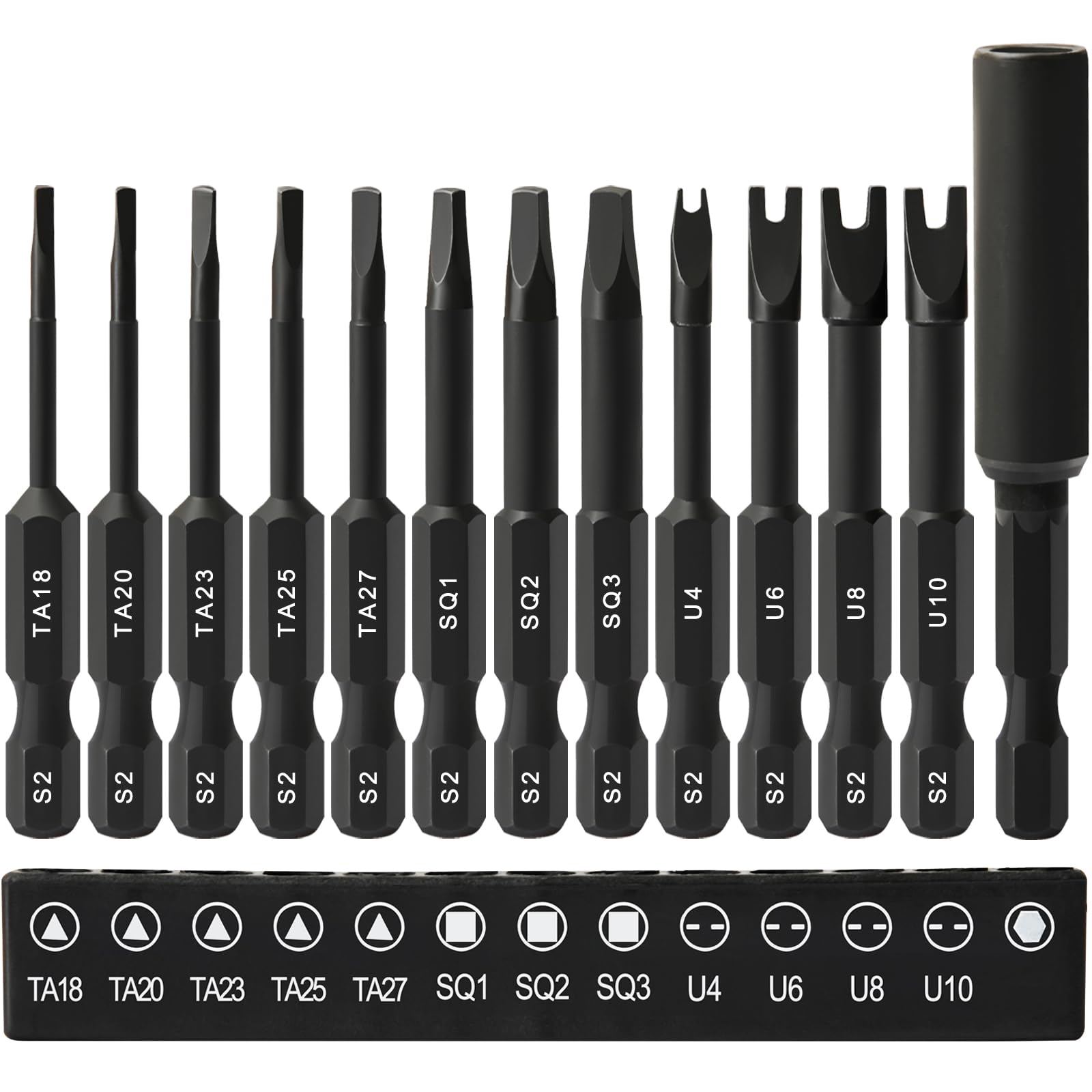 CYLBAQ Square Screwdriver Bits, Triangle U-Shaped Screwdriver Bit Set, 12Pcs S2 Steel 1/4” Hex Shank Magnetic Tamper Proof Security Square Triangular U Types Screwdriver Bits with Bit Extension Holder