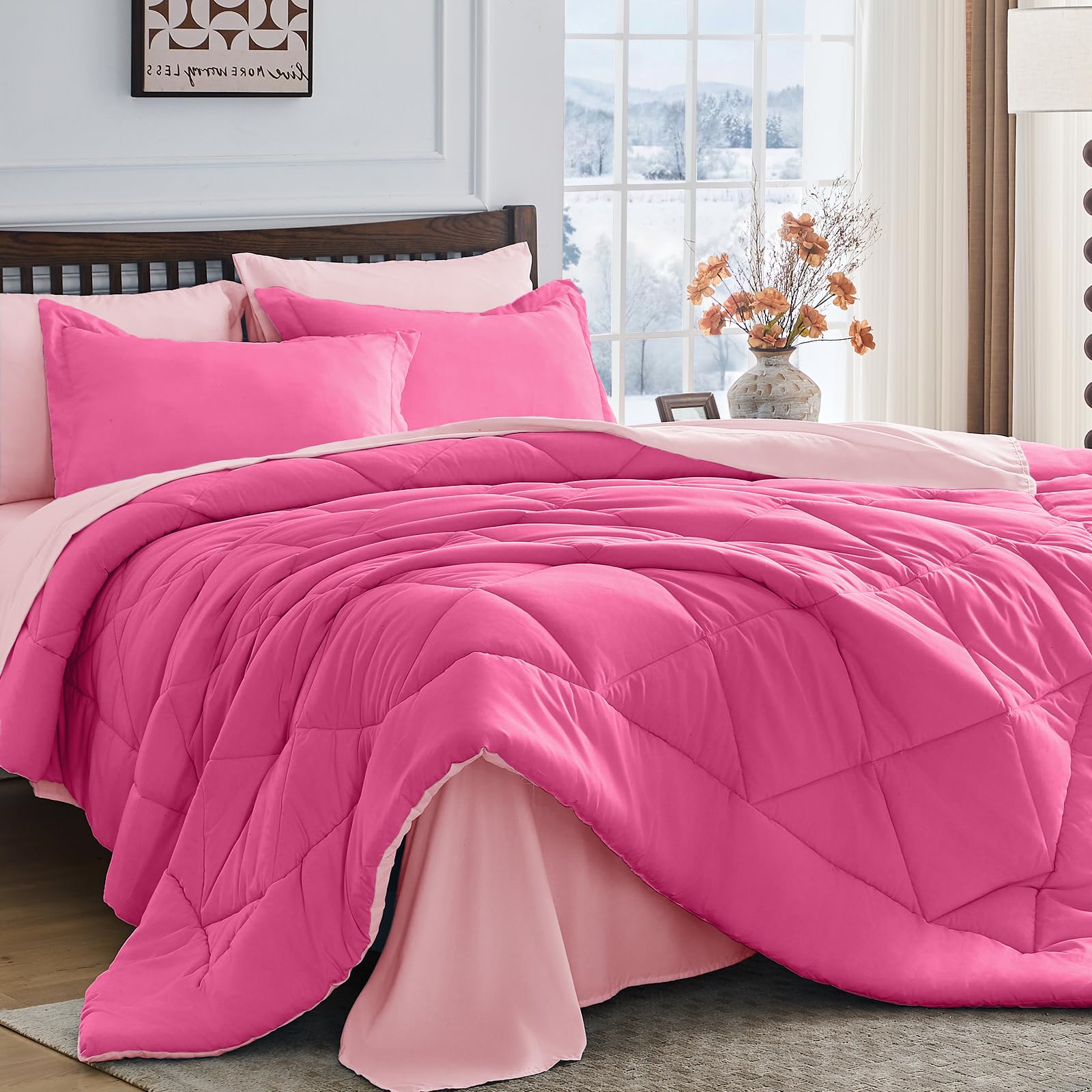HEVUMYI Hot Pink & Baby Pink Cali-King Comforter Set - 7-Piece All Season Bed in a Bag Cali-King, Ultra Soft Bedding Set with Comforter, Flat Sheet, Fitted Sheet, Pillowcases, Pillow Shams Image