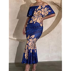 Plus Size Off Shoulder Ruffle Midi Mermaid Dress Women Red Hibiscus Floral Print Bodycon Flared Hem Party Dress