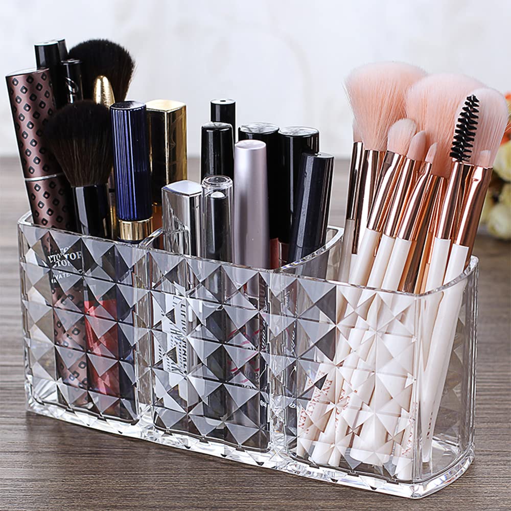 Ubitree Cosmetic Organiser, 3 Compartments Crystal Makeup Brush Holder for Eyeliners, Lipstick, Mascara, Acrylic Makeup Storage for Bathroom, Bedroom, Washbasin, Office and Desk