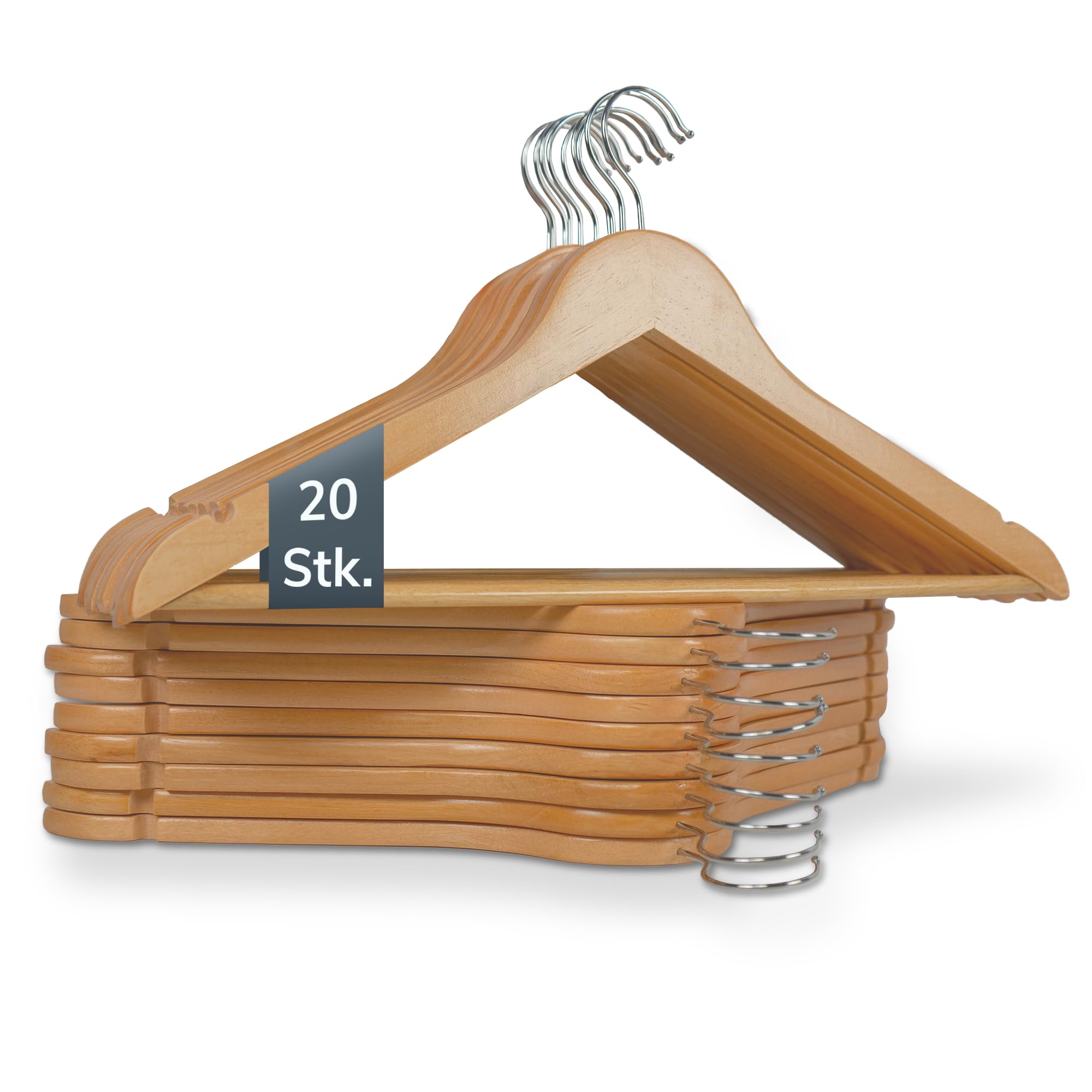 Kleiderbügel Holz 20er Set – Holzkleiderbügel mit Einkerbungen & rutschfeste Mittelstrebe für Hosen – Platzsparende Natur Holzbügel & 360° drehbar – Für Kleider, Shirts, Anzüge, Hemden, Blusen & Hosen