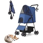 Pet Stroller for Small Dogs Cats, Lightweight Foldable Dog Stroller-Blue | Breathable Mesh &amp; Safety Tether, 33lbs Capacity with Locking Wheels, Storage Basket for Outdoor Walks