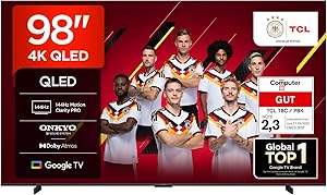TCL 98T8C 98 Zoll QLED 4K HDR Ultra HD Fernseher, Smart TV mithilfe von Google TV (Dolby Vision Atmos, 144Hz Motion Clarity Pro, Game Bar, ALLM, FreeSync, Onkyo 2.1 Sound,Sprachsteuerung)