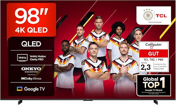 TCL 98T8C 98 Zoll QLED 4K HDR Ultra HD Fernseher, Smart TV mithilfe von Google TV (Dolby Vision Atmos, 144Hz Motion Clarity Pro, Game Bar, ALLM, FreeSync, Onkyo 2.1 Sound,Sprachsteuerung)