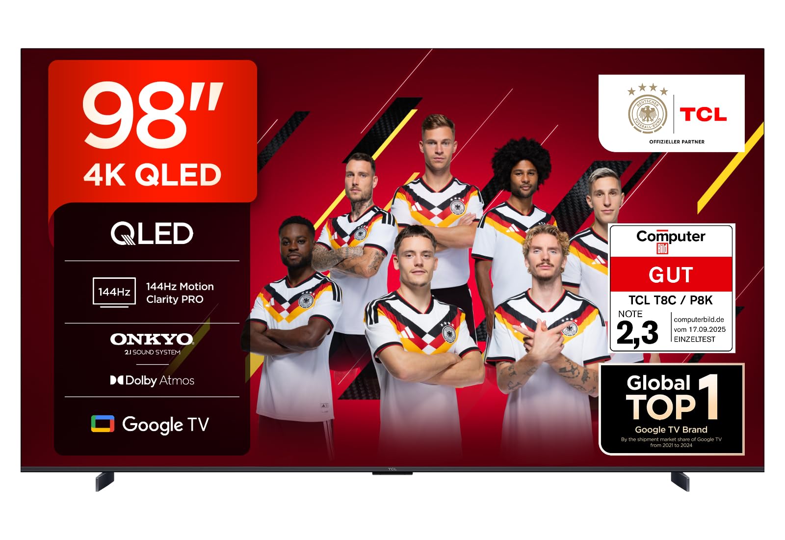 TCL 98T8C 98 Zoll QLED 4K HDR Ultra HD Fernseher, Smart TV mithilfe von Google TV (Dolby Vision Atmos, 144Hz Motion Clarity Pro, Game Bar, ALLM, FreeSync, Onkyo 2.1 Sound,Sprachsteuerung)