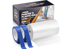 AXGATOXE Plastic Drop Cloths, 200' Length x 9' Width Painter's Plastic Film with 2 Rolls Painter's Tape - Disposable Painter's Sheeting & Tarps for Painting Supplies, Furniture/Couch/Floor Protection
