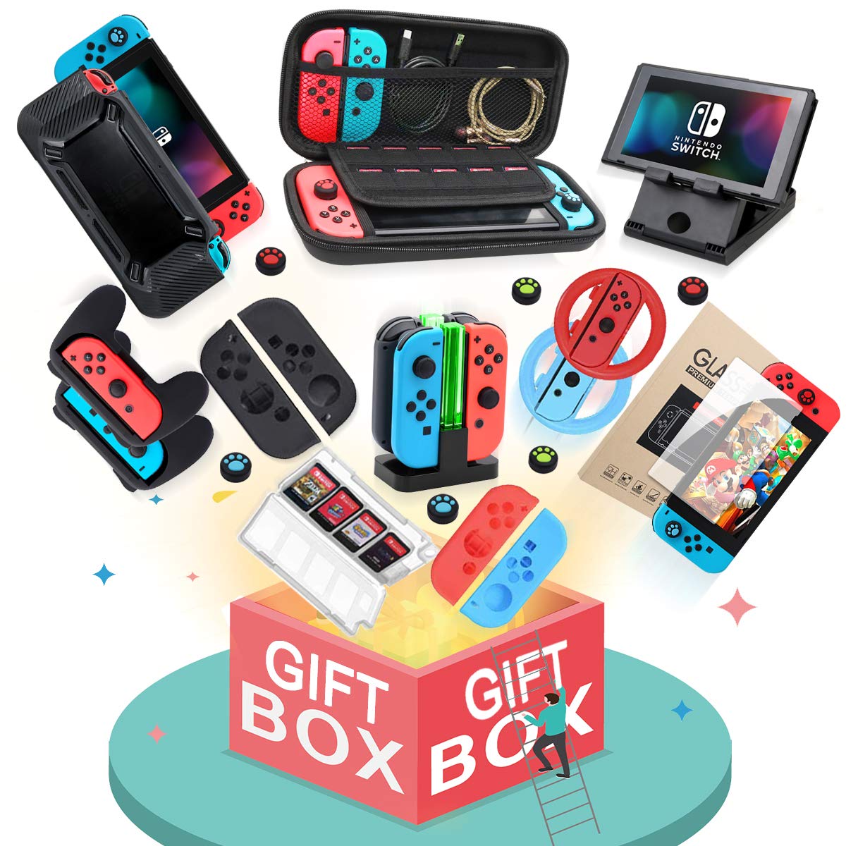 Switch Accessories Bundle, Kit with Carrying Case, Protective Case with Screen Protector, Compact Playstand,Game Case, Joystick Cap, Charging Dock, Grip and Steering Wheel for Nintendo Switch(10-in-1): Video Games