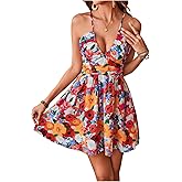 Floerns Women's Floral Print Criss Cross Cami Dress Tie Back Flared Mini Dresses