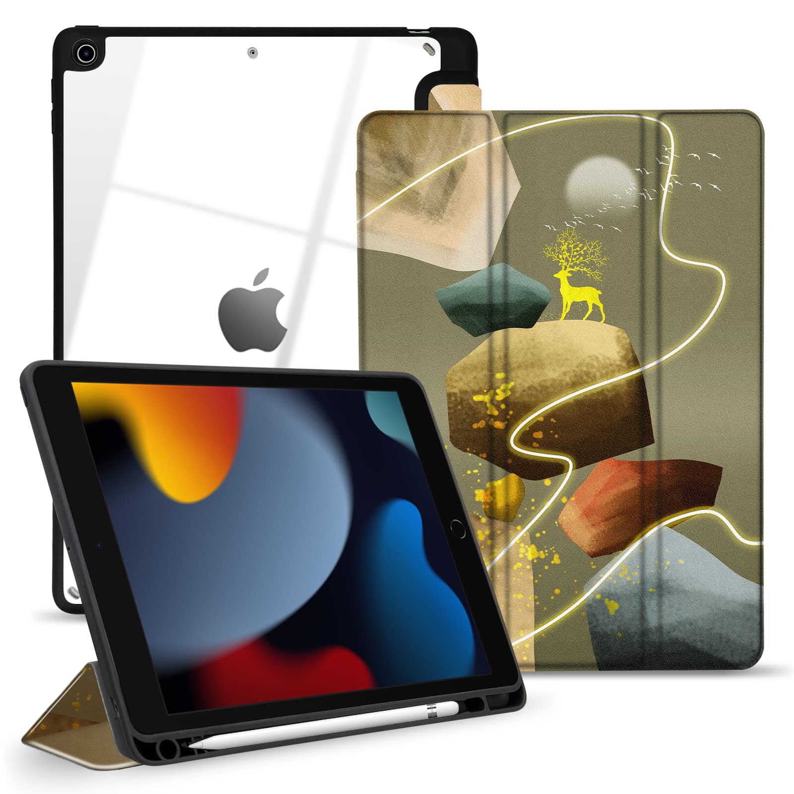 TopPerfekt Hybrid Slim Case for iPad 9th / 8th / 7th Generation (2021/2020 / 2019) 10.2 Inch - [Built-in Pencil Holder] Shockproof Cover with Clear Transparent Back Shell, Auto Sleep Wake Deer