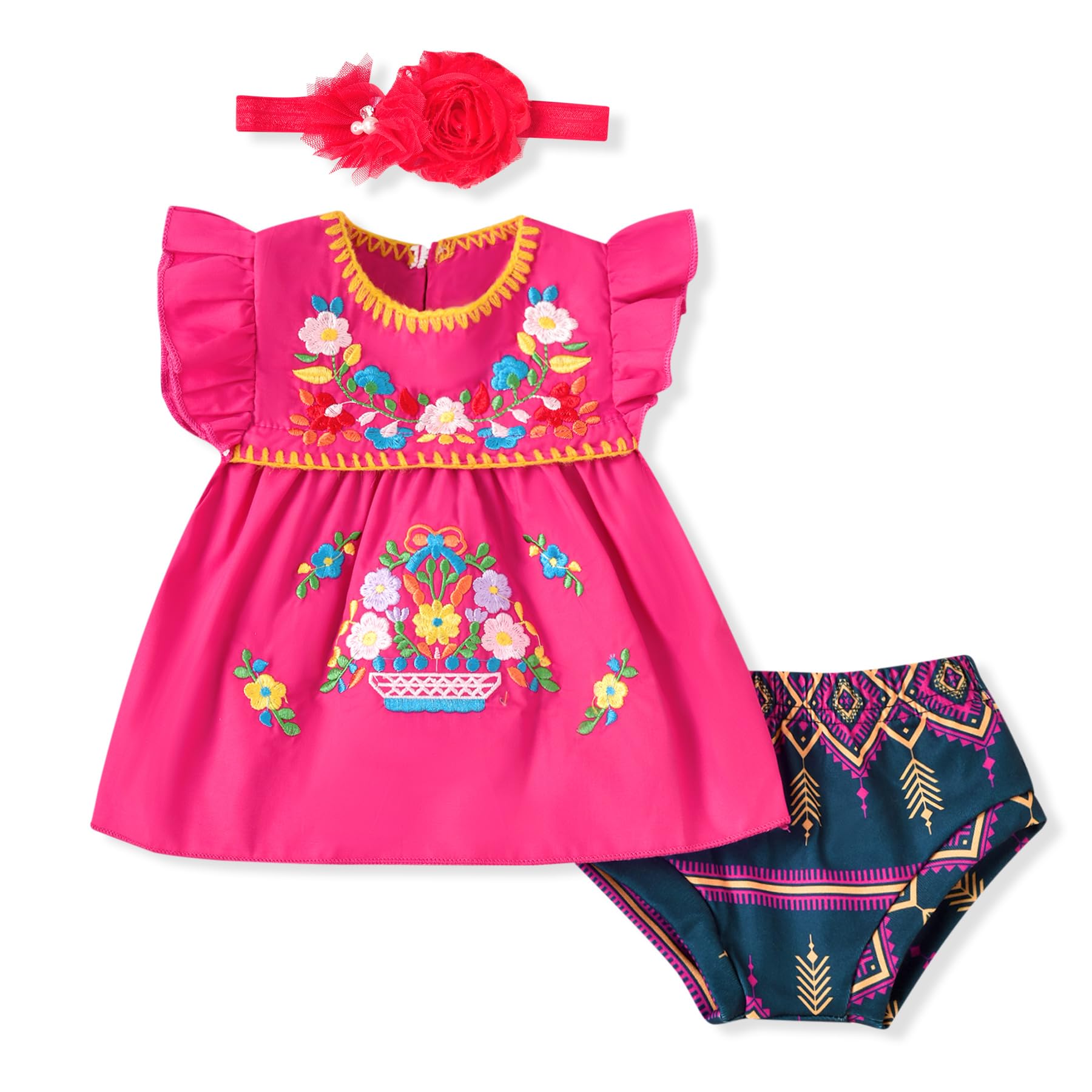 Photo 1 of 12 Month Infant Baby Girl Embroidery Mexican Dress Ethnic Wear Ruffle Sleeve Sundress Cinco De Mayo Fiesta Outfits 12-18 Months Rose Red