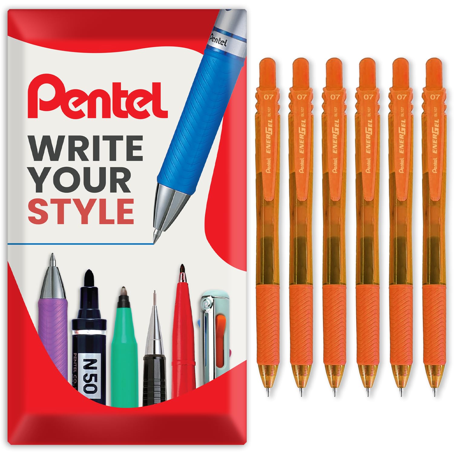 Pentel Energel X BL107 Retractable Gel Rollerball Pens - 0.7mm Nib - Pack of 6 in Envelope Gift Packaging (Orange)