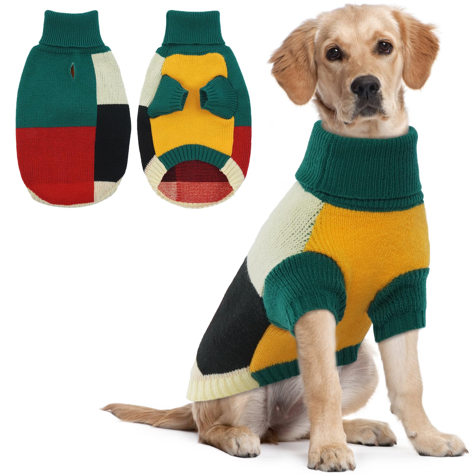 Hjumarayan Dog Jumper, Vintage Dog Jumper Large with Legs, Soft & Warm Sweater with Harness Hole, Colour Blocked Xmas Jumpers for French Bulldog, Green XL