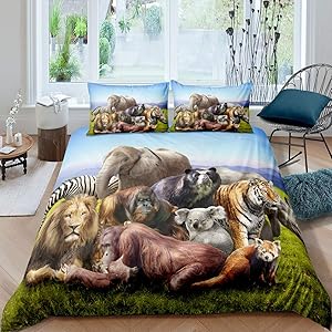 Lion Tiger Bedding Set Zebra Elephant Comforter Cover for Kids Boys Teens Wild Animal Theme Pattern Duvet Cover Breathable Wildlife Style Decor Bedspread Cover Room Decor Quilt Cover King Size