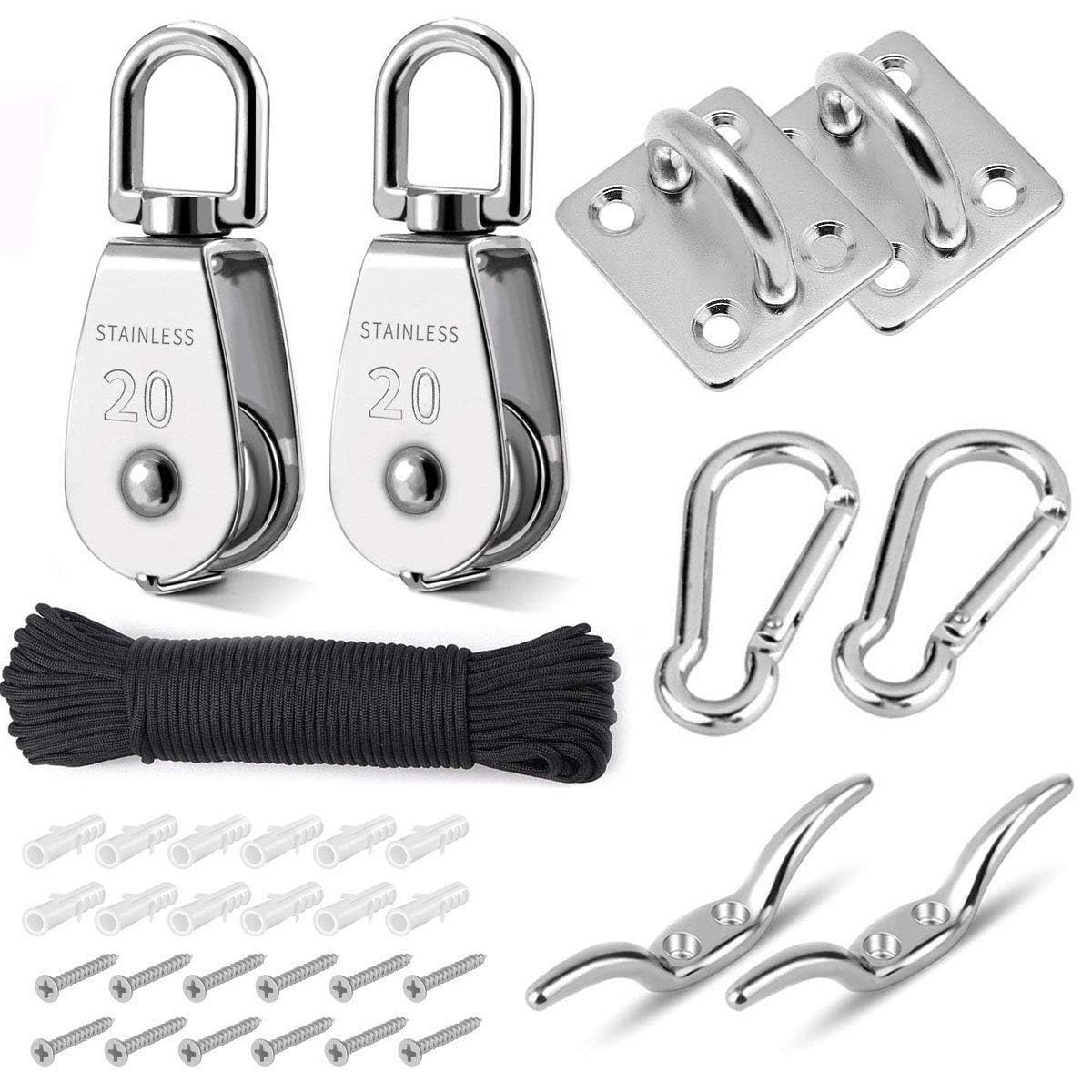 TooTaci M20 Pulley Block System - 304 Stainless Steel Crane Pulley Block with Nylon Rope, Carabiners, Eye Pad Plates & Cleat Hooks – Smooth Lifting & Towing Solution for Garage, Garden, Boat, Home Use