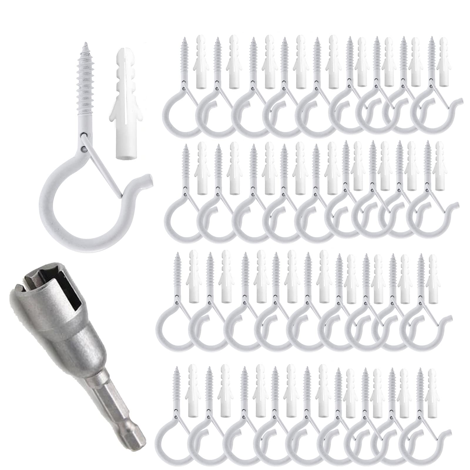 TAIHUIMY Screw Hooks Q-Hanger for Outdoor String Lights, Christmas Rope Lights Clips, Wall Cabinet Ceiling Eye Hook with Safety Buckle for Wire Party Light Plants Wind Chimes (White(40Pcs))