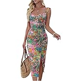 Floerns Women's Sleeveless Floral Boho Dress Sweetheart Neck Slit Vacation Bodycon Midi Dresses