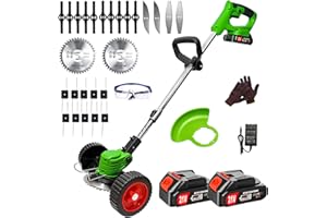 HWLANTU Electric Weed Wacker with Wheels Cordless Weed Eater 2.0Ah Battery Powered Lightweight Edger Grass Trimmer/Lawn Edger/Mower/Brush Cutter, with 5 Types Blades for Yard and Garden Weeder Tool——Green