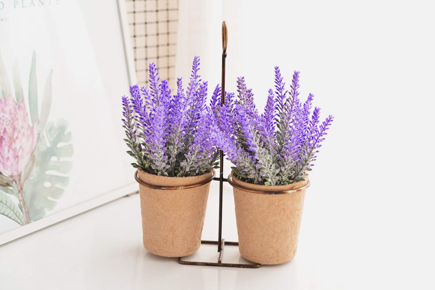 AlphaAcc 2 Piece 8 inches Potted Lavender Artificial Flower with Metal Wire Hanging Display for Home Decoration