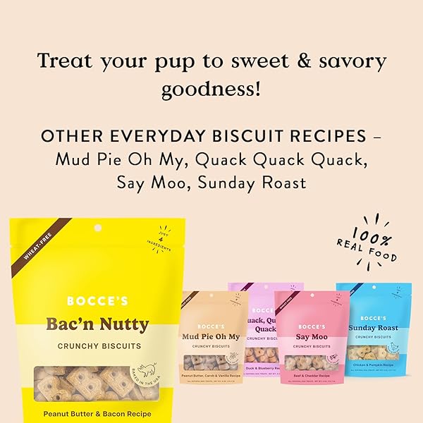 BOCCE’S BAKERY OVEN BAKED BAC’N NUTTY TREATS FOR DOGS, EVERYDAY WHEAT-FREE DOG TREATS, MADE WITH REAL INGREDIENTS, BAKED IN THE USA, ALL-NATURAL PB & BACON BISCUITS, 5 OZ