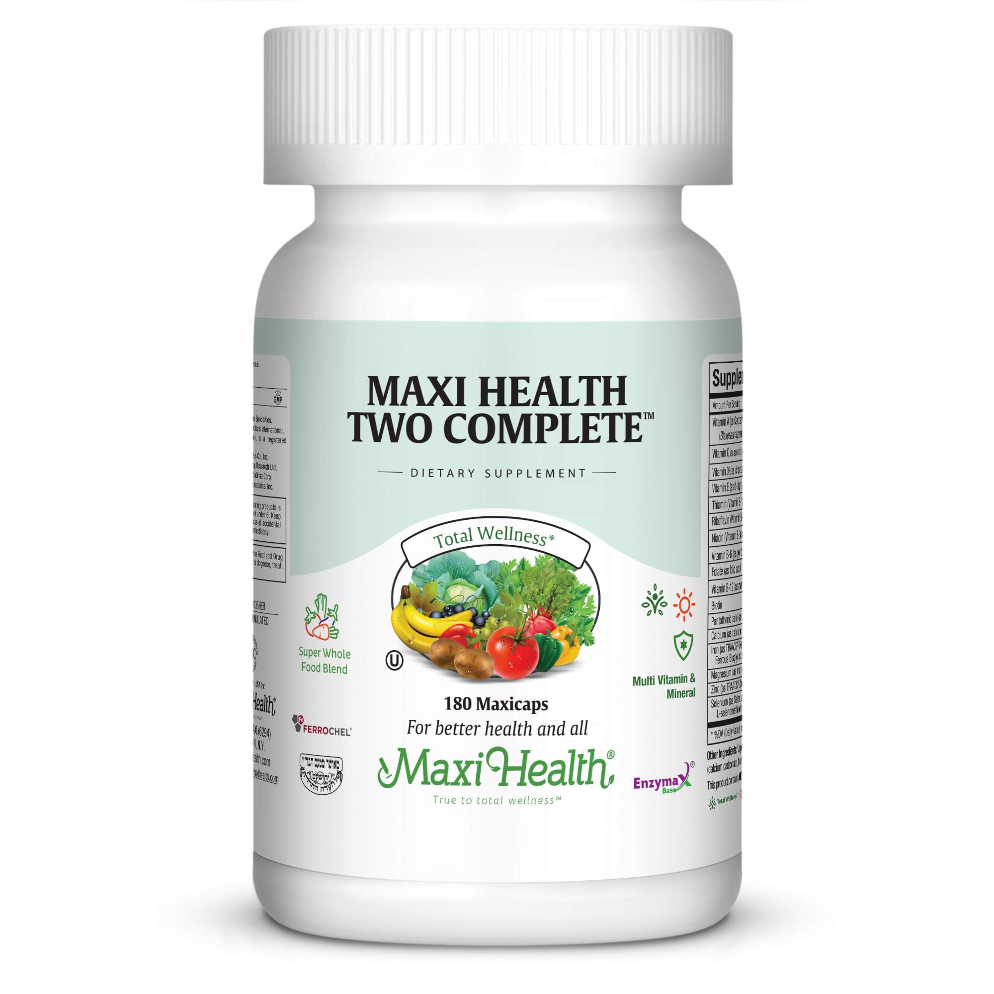 Maxi Health Two Complete - Multivitamins and Minerals - Full Potency - 180 Capsules - Kosher