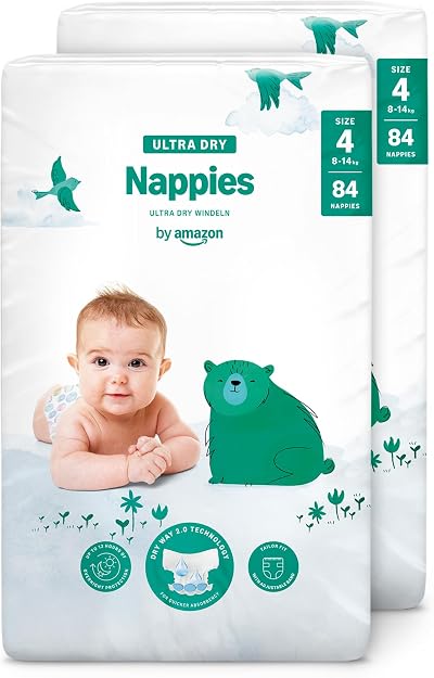 by Amazon Ultra Dry Nappies Size 4 8-14 kg 168 nappies 2 packs