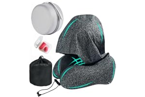 Travel Neck Pillow with Extra Large Hood Rollable Airplane Hooded Neck Pillow with Memory Foam Filling and Removable, Skin-Fr