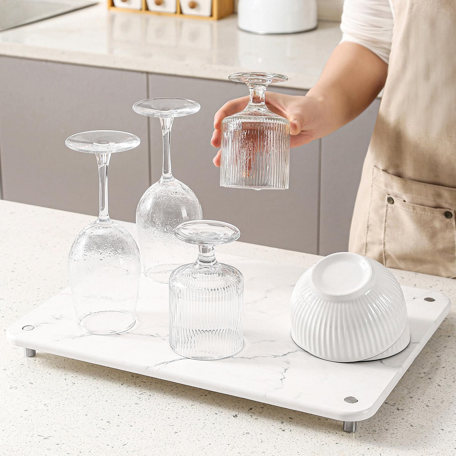 Photo 1 of Plentio Stone Drying Mat for Kitchen Counter with Non-Slip Stainless Steel Feet, Quick Drying Diatomaceous Dish Racks for Dishes, Bottles and more, 15.7"(L)×11.8"(W), White Marble