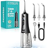 COSLUS C51 Portable Water Flosser for Teeth: 3 Modes & 6 Pressure Settings with Jet Mode Water Dental Pick for Orthodontic, Braces, Sensitive Gums, Compact for Travel, 300ML for Multiple Users, Black