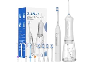 H2ofloss Sonic Electric Toothbrush and Water Flosser Combo, Rechargeable 2000mAh Toothbrush and 2500mAh Oral Irrigator with 300ml Tank, 4 Brush Heads, 5 Nozzles, 2 in 1 for Home and Travel (White)