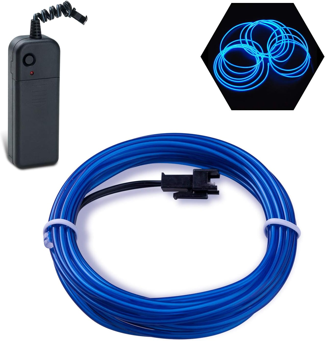 Podazz El Wire 9.8ft/3m Blue, Neon Glowing Strobing Electroluminescent Wire with 3 Lighting Modes, Battery Operated El Light for Halloween Decor, Parties, Xmas Tree, Cosplay, Car Bar Decor