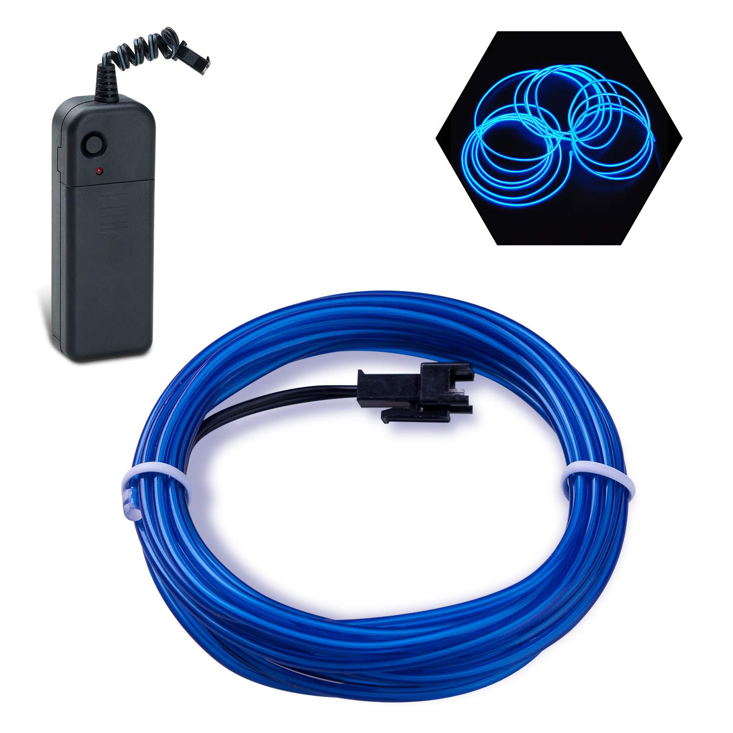 Podazz El Wire 9.8ft/3m Blue, Neon Glowing Strobing Electroluminescent Wire with 3 Lighting Modes, Battery Operated El Light for Halloween Decor, Parties, Xmas Tree, Cosplay, Car Bar Decor