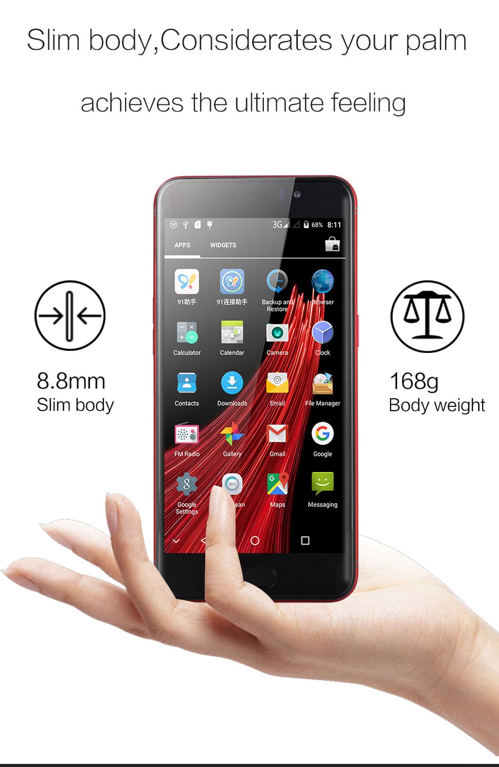 SORAKA Unlocked Smartphone 5.5 Zoll Android 5.1 Speicherkarte 64G ROM 16GB + RAM 1GB MTK6580A HD Bildschirm (720/1280) (Rot)