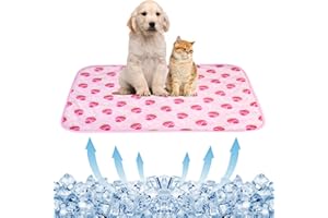 BAMY Cat Cooling Mat Summer Dog Silk Pad Self Cooling Cushion Washable Kitten Ice Blanket with Duck Strawberry Pattern (Pink Strawberry, L (39.4"x27.6"))