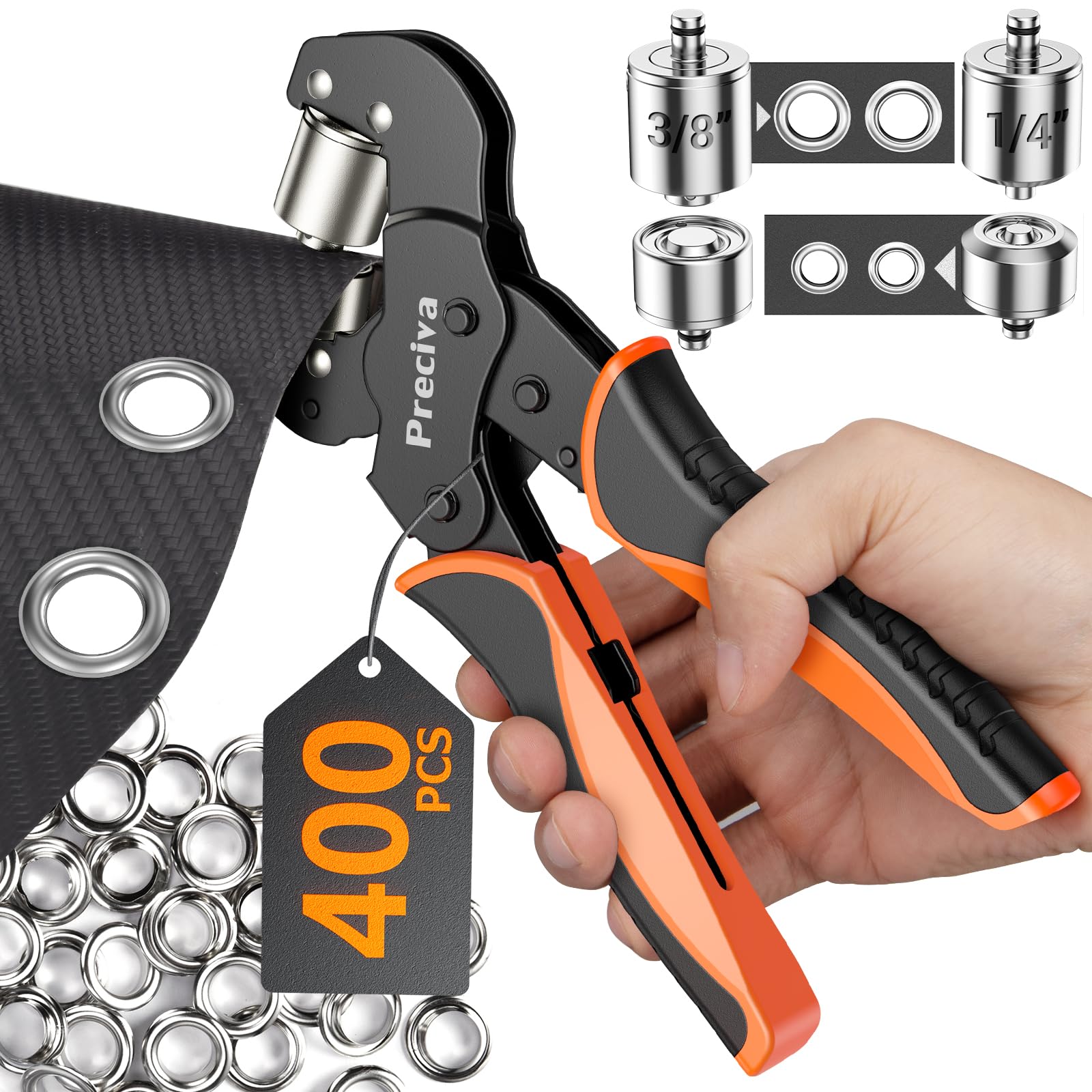 Photo 1 of Grommet Tool Kit of 3/8" and 1/4", Preciva ??????????????? ?????? ???? Handheld Grommet kit with 400pcs Silver Grommets for Advertising Poster, Banner, Ponchos, Cardboard