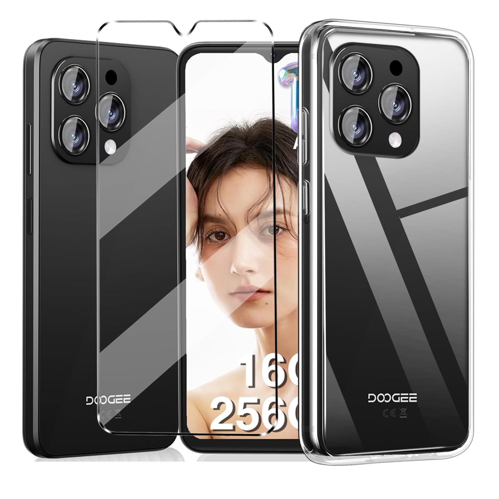 2-in-1 Case Compatible with DOOGEE N55 Pro/N55 Plus, Tempered Glass Screen Protector, Slim Fit Soft TPU Shockproof Anti-Scratch Phone Case Cover - Clear