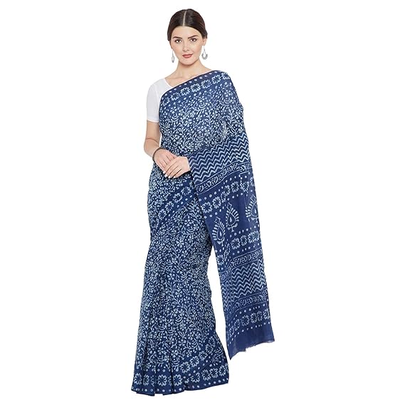 Finest Quality Cotton - Handmade Indigo Dabu print - Block Print Saree with Blouse Piece BAPASA0054