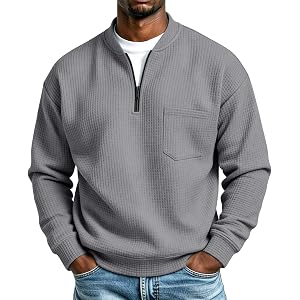 fnnxeal Mens Waffle Sweatshirt Casual Loose Quarter Zip Pullover Sweaters | 1/4 zip pullover mens big and tall stand collared