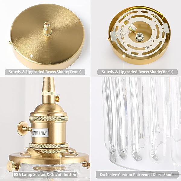 SHENMOYL PENDANT LIGHT 2 PACK WITH CLEAR STRIPED GLASS LMAPSHADE, BRASS VINTAGE PENDANT LIGHT ADJUSTABLE HANGING LIGHT FOR KITCHEN ISLAND DINING ROOM HALLWAY